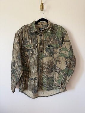 vintage mossy oak camo Rattlers brand button up 100% cotton sz large runs small